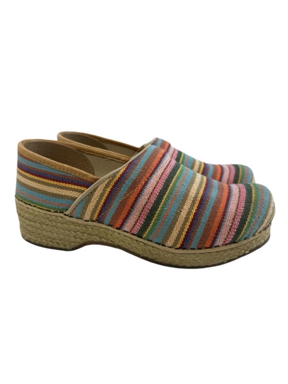 Dansko Vegan Cabana Multicolor Striped Woven Jute Heel Clogs Size 38/ US 7.5-8
